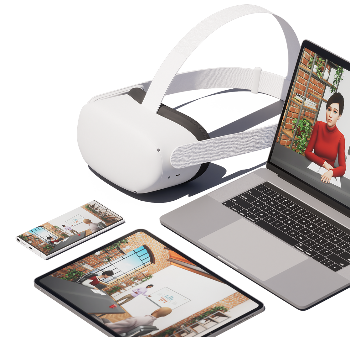 Rendering of several devices, a phone, tablet, laptop, and VR headset, next to each other, each running the Meta-Skills application on the screen.